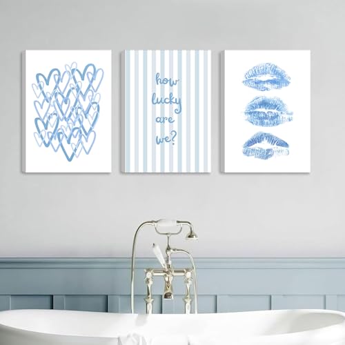 3Pcs Trendy Blue Canvas Wall Art Light Blue Preppy Wall Decor How Lucky Are We Pictures Funky Kiss Lips Artwork Coquette Aesthetic Poster Prints for Girl Bedroom Living Room Bar Dorm 16x24in by VHQXFQHU - Used condition - Image 8
