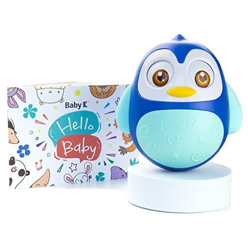 Image of BABY K Penguin Weeble Wobble Toys (Blue) - Tummy Time Wobbler for Montessori Babies - Musical Roly Poly Toy - Shakes, Rolls and Jingles - Developmental Toys for Newborn Infants 3-6, 7-9, 12-18 Months