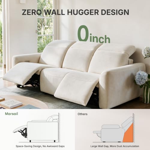 Image of Marsail 95 inch Power Recliner Sofa, Zero Gravity Reclining Sofa with Charging Ports, Adjustable Headrest, 3-Seater Modern Zero Wall Hugger Reclining Couches for Living Room, Pet-Friendly Fabric, Beige