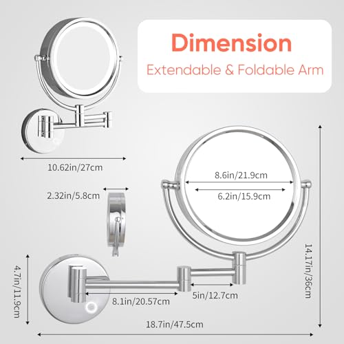 Gurun Wall Mounted Hardwired Makeup Mirror With 3 Tones Dimmable Led Lights 10X Magnifying Mirror With Touch Control For Bathroom Bedroom 13 Inch Extendable Arm Direct Wire M1809D-T thumb #5