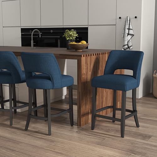 Image of VKNOW Bar Stools Set of 6, 26 inch Upholstered Counter Height Bar Stools | Modern Counter Stools with Black Rubberwood Legs for Kitchen Island Dining Room Bar, Blue-Black Legs