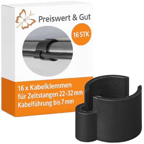 Preiswert&Gut 16 x Kabelklemmen Zeltzubehör für Pavillon & Wohnmobil – Kabelclips Montage ohne Bohren – für 7 mm Kabel oder Lichterketten an Zeltstangen 22–32 mm Durchmesser Preiswert&Gut 16 x Kabelklemmen Zeltzubehör für Pavillon & Wohnmobil – Kabelclips Montage ohne Bohren – für 7 mm Kabel oder Lichterketten an Zeltstangen 22–32 mm Durchmesser