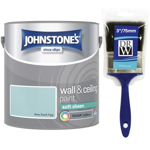 New Duck Egg Johnstone’s Wall & Ceiling Soft Sheen Paint 2.5L + 3 Brush – Subtle Sheen Finish, Durable & Washable, Quick Dry, Low Odour Interior Paint for Walls & Ceilings