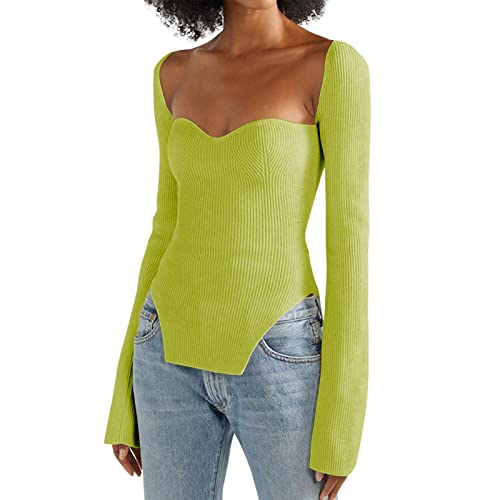 Image of Women's Square Neck Ribbed Knitted Sweater Long Sleeve Crop Slim Fitted Basic Pullover Tops