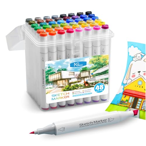 NGTeco 48 Farben Dual Tip Marker Set, Stifte mit Pinsel,und Meißelspitze für Künstler, Studenten, Zeichnen, Skizzieren, Kalligraphie und Illustrationen, Lebendige Farben, Schnelltrocknend, Ungiftig