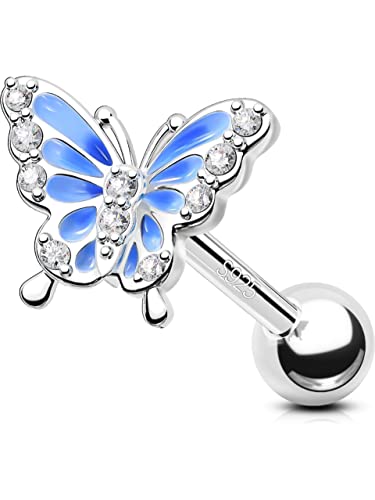 OUFER Helix Piercings Jewellery 925 Sterling Silver Conch Ring Tragus Studs Cartilage Earring 16G Blue Butterfly CZ Upper Top Ear Barbell Gift for Women Girls (16G-Papillon bleu)