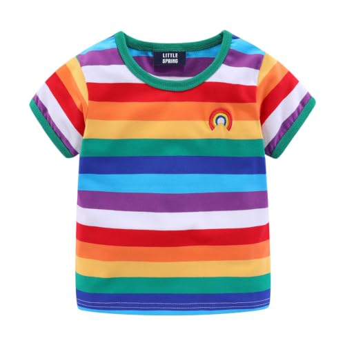 Image of LittleSpring Boys Girls T Shirt Rainbow Striped Cotton Crewneck Tees for Kids Fashion