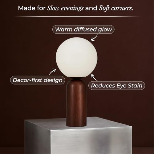Image of Table Lamp for Bedroom | Wooden Bedside Night Lamp with Linen Shade | Modern Aesthetic Living Room Table Lamp | Warm Light Decor Lamp Full Moon