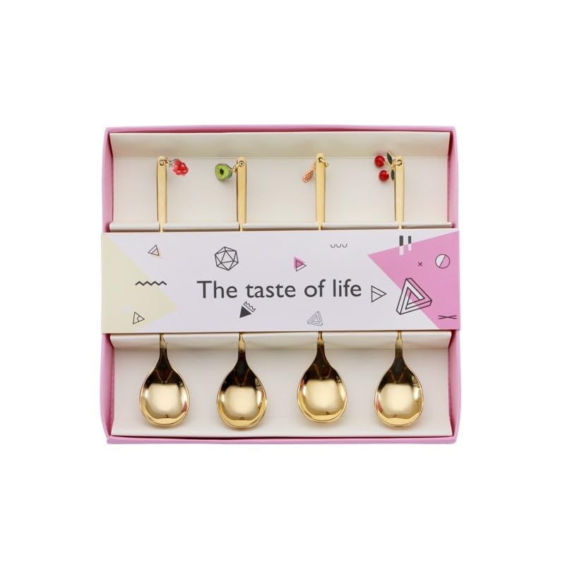 ONUIFIKE Silverware Set, 4/16/24/32/40/48pcs Creative Fruit Hanging Spoon 304 Stainless Steel Coffee Spoon Tableware Set, Home Cutlery Flatware Set(Gold,8Set-32Pcs)