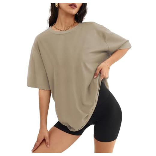 ATHMILE Womens Summer Spring Oversized T Shirts Loose Fit Crewneck Short Sleeve Tops Casual Blouse Y2K 2024 Basic Tee Khaki