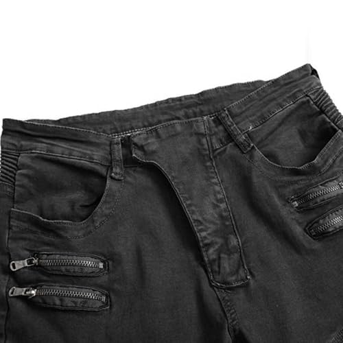 Mens Biker Jeans Zipper Decor Washed Denim Pants Slim Fit Stretch Moto Style Straight Leg Trousers3