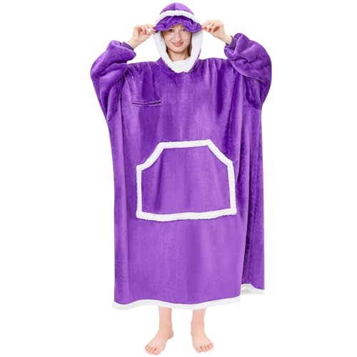 IFNOW Wearable Blanket Hoodie Oversized Sherpa Fleece Hooded Sweatshirt with Eye Mask Cozy and Giant Blanket Hoodie with Sleeves Extra Long for Adults Men Women Purple