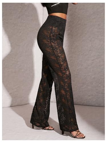Milumia Women's Floral Lace Elastic High Waist Pants Sexy See Through Straight Leg Trousers2