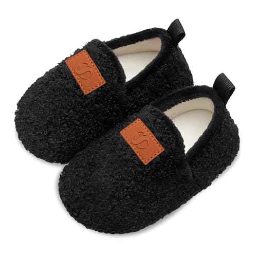 Scurtain Kids Toddler Slippers Socks Artificial Woolen Slippers for Boys Girls Baby with Non-Slip Rubber Sole 2025 Black 6.5-7.5 Toddler