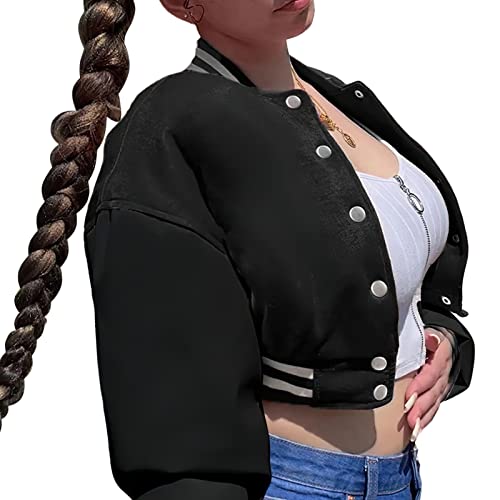 Xaspee Women's Casual Baseball Jacket Faux Leather Colorblock Button Crop Bomber Jacket