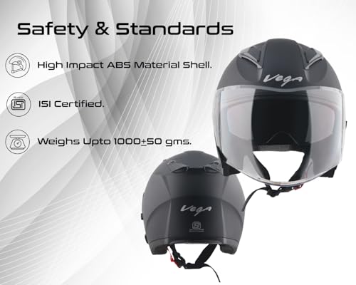 Image of Vega VO 03 Swift Dual Visor Open Face Motorcycle Helmet with Matte Shock-Absorbing Shell, Comfortable Interior, Ventilated Fit, Trendy Dull Black Finish Dull Black L