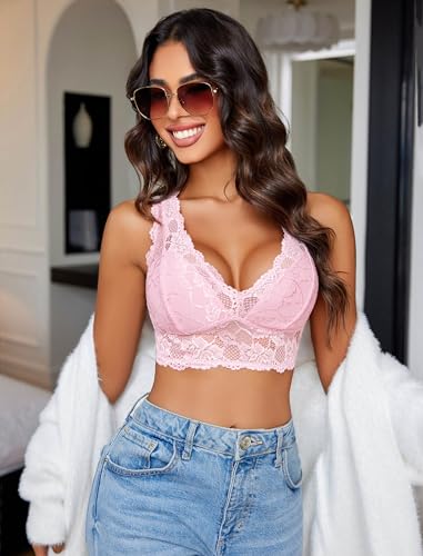 Image of Avidlove Bralettes for Women Lace Bra Non Padded Longline Bralette Deep V Triangle Sexy Everyday Lingerie Bras
