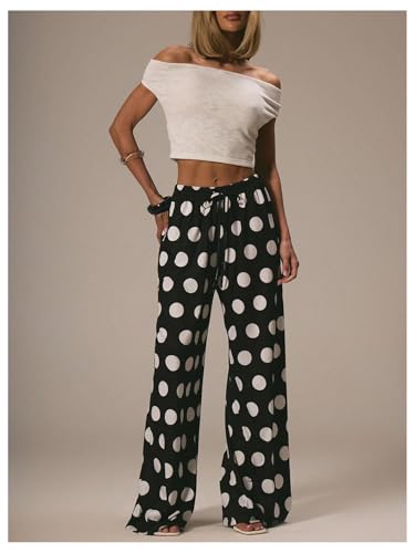 WDIRARA Women's Polka Dots Drawstring Waist Wide Leg Pants Loose Baggy Pants4