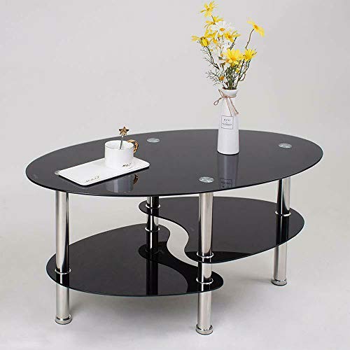 HUOLE Tavolino da soggiorno con piastra in vetro in ottica sabbiata, piedi in acciaio inossidabile,Tavolino da caffè Moderno con Due Piani, Struttura in Metallo e Piano (90 * 50 * 43 cm nero puro)