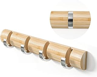 WODENY Bamboo Wall Mounted Coat Rack, Towel Hook Hanger Space Saving Modern Sleek with Retractable & Flipped Smooth Kirsite Hooks for Hanging Towels Keys Hats Heavy Duty Shower Wall(Natural, 4 Hooks)