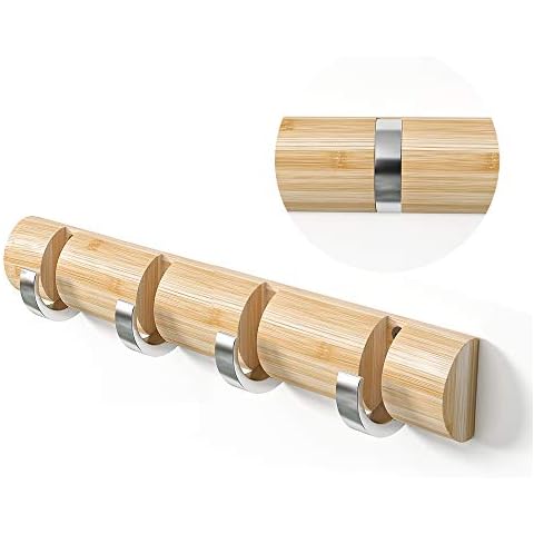WODENY Bamboo Wall Mounted Coat Rack, Towel Hook Hanger Space Saving Modern Sleek with Retractable & Flipped Smooth Kirsite Hooks for Hanging Towels Keys Hats Heavy Duty Shower Wall(Natural, 4 Hooks) Cover