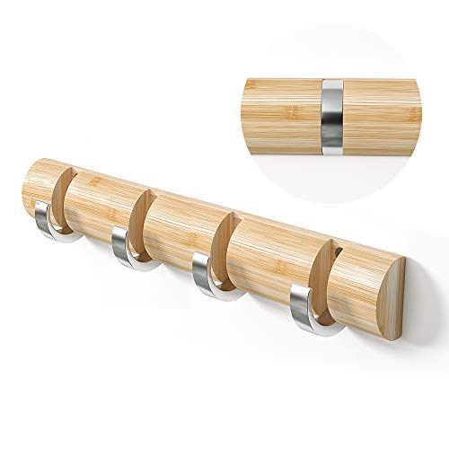 WODENY Wandgarderobe aus Bambus Handtuchhaken platzsparend mit einziehbaren umklappbaren glatten Kirsite Haken zum Aufhängen von Handtüchern, Schlüsseln, Hüten, robuste Duschwand (natürlich, 4 Haken) Cover