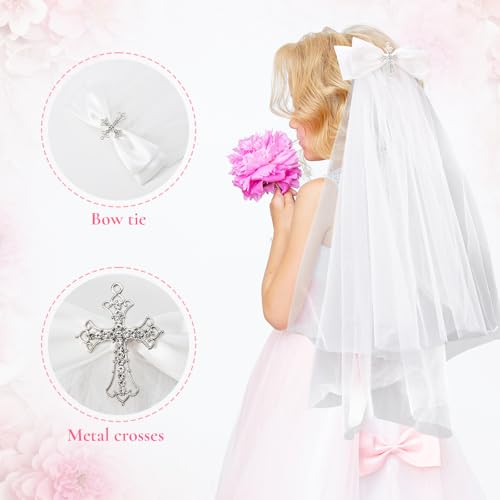 Girls First Communion Veil Headwear, White Bow and Cross Veil For Girls First Communion Dress Up3