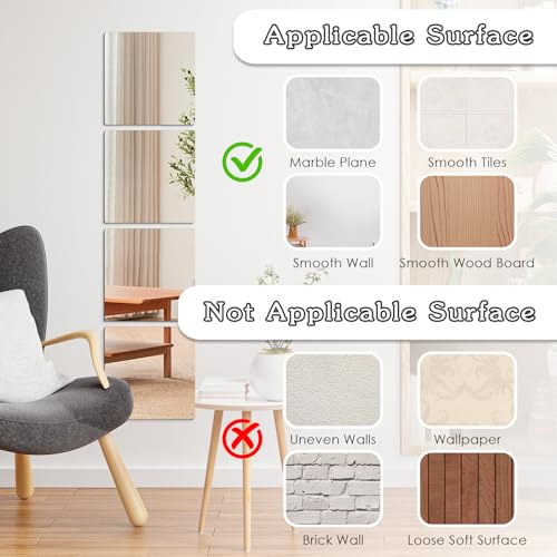 Image of 4 Pieces Self Adhesive Acrylic Mirrors, Unbreakable Mirror Tiles, Flexible Wall Mirror Plates, Shatterproof, Full Body Mirror for Home, Bedroom, Gym, Door, Wardrobe