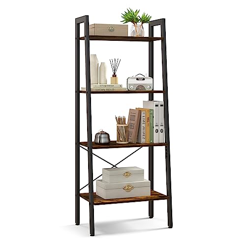 Tangkula Ladder Bookshelf, 4-Tier Industrial Wood Bookcase w/Metal Frame, Anti-Toppling Device, Freestanding Ladder Shelf Plant Stand for Small Space, Living Room (Rustic Brown, 4-Tier)