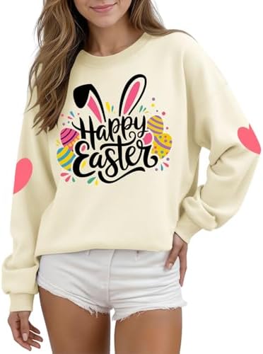 Easter Sweatshirts for Women Cute Easter Bunny Shirt Casual Rabbi...