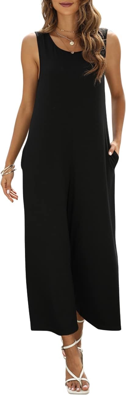 Women's Summer Casual Loose Tank Jumpsuit Sleeveless Crewneck Jumpsuit Romper Outfits with Pockets - Image 3