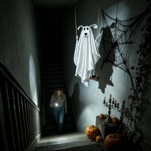 Decoración fantasma de Halloween exterior e interior, gran columpio de 150 cm 4