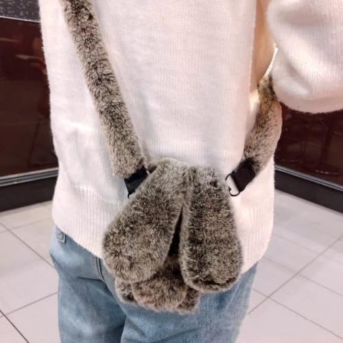 Omorro Compatible with iPhone 17 Case for Women Girls Plush Rabbit Soft Warm Fluffy Furry Bunny Ear Fur Cover with Crossbody Neck Chain Protective Bling Crystal Diamond Girly