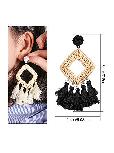 2 Pairs Rattan Tassel Earrings Bohemian Statement Woven Dangle Fringe Earrings Ethnic Tassel Drop Earrings Vintage Jewelry For Women Girls (Black And White) #TOP1
