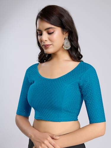Image of TRENDMALLS Women's Dobby Pure Cotton Elastin Stretchable Readymade Round Neck Elbow Length Sleeves Blouse Choli Stylish Saree Blouse Ready to Wear