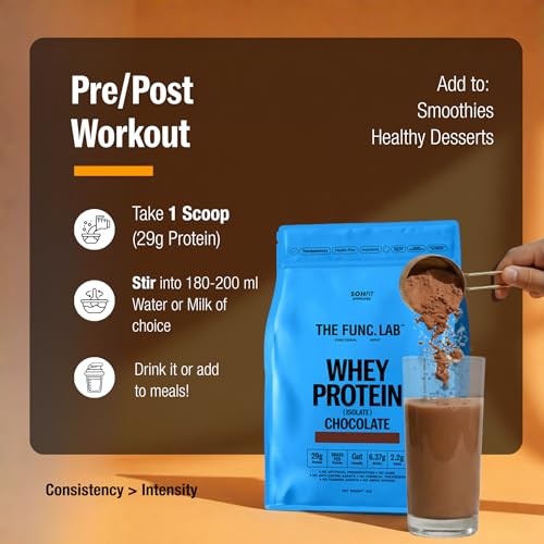 Image of The Func. Lab Whey Protein Isolate - Chocolate Flavour | 1 kg | Grass‑Fed, 29g Protein, 6.37g BCAA per Scoop | High Protein Supplement for Muscle Growth, Digestion and Absorption Support