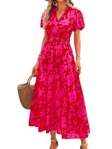 MASCOMODA Robes longues d'été pour femmes 2026, décontractées, col en V, manches courtes, bouffantes, fluides, à motif floral, style bohème, pour la...