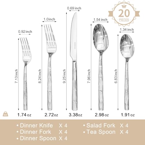 KINGSTONE Silverware Set, 20-Piece 18/10 Stainless Steel Brushed Handle Flatware Cutlery Set, for Kitchen, Home, Party, Wedding Gift, Rust Resistant and Dishwasher Safe - Image 4