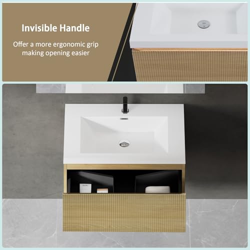 Image of Wall Mounted Bathroom Sink Vanity, Modern 30 inch Floating Vanity with Resin Top Basin Sink and U-Shaped Soft-Close Storage Drawer, Striped Bathroom Storage Cabinet with Invisible Handle, Wood