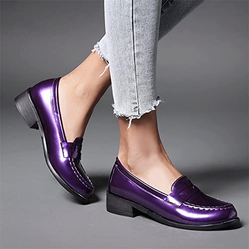 Elbslutt Women's Patent Leather Loafers Low Chunky Heel Slip On Pumps Round Toe Casual Shoes3