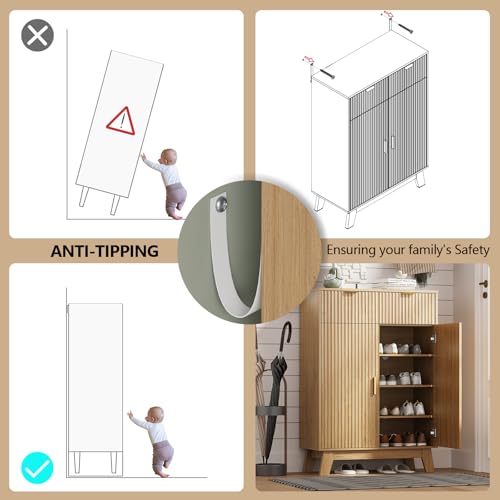 Image of Shoe Cabinet Storage for Entryway with Doors, 4 Tier Fluted Shoe Organizer with 2 Drawers, Entryway Shoe Storage with Adjustable Shelves, Freestanding Hidden Shoe Rack for Front Door Entrance, Oak