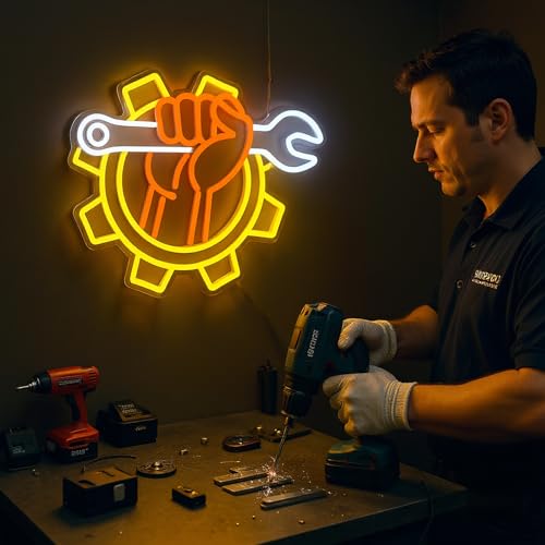 Image of Wrench Neon Sign for Wall Decor - USB Powered LED Garage Sign with Dimmer, Car Room Accent Light, Auto Repair Workshop Wall Lamp, Man Cave Neon Decor, Gift for Dad or Car Enthusiast 13 inchx14.3 inch