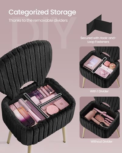 Image of SONGMICS Small Vanity Chair with Storage and Folding Back, Vanity Stool, Footrest Footstool Ottoman, Dressing Table Stool, Furry Padded Seat, for Makeup Room, Bedroom, Ink Black ULOM532BH01