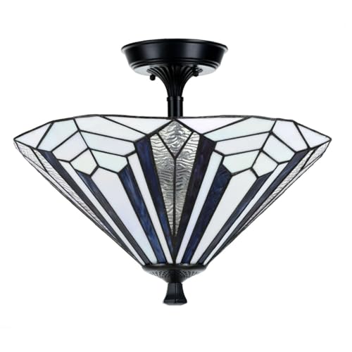 Plafonnier Tiffany français bleu Art Deco en vitrail haut de gamme