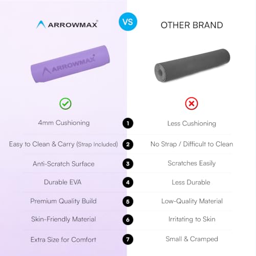 Image of Arrowmax 4mm Yoga Mat with Carry Cover for Men & Women, Anti-Skid Exercise Mat for Yoga, Pilates, Meditation, Stretching & Home Workout, Lightweight Portable Fitness Mat (PURPLE)