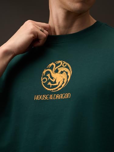 Image of The Souled Store Official House of Dragon: Fire Made Flesh Men and Boys Short Sleeves Round Neck Green Graphic Printed Cotton Oversized T-Shirts