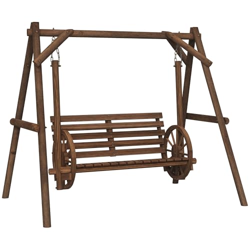 Outsunny Dondolo da giardino a 2 posti, in legno, con braccioli, ruote per carrello, per il giardino, terrazza e patio, 200 x 137 x 167 cm, colore: marrone
