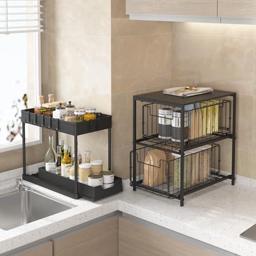 Meltrck Spülschrank Organizer - Unter Waschbecken Regal Organizer - Ausziehbares Lagerregal Organizer mit 8 Haken,Schwar (Schwar) – Ansicht 2