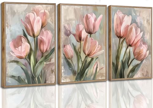 Image of 3 Pcs Vintage Pink Tulips Flowers Canvas Wall Art Retro Spring Pink and Green Floral Botanical Paintings Pictures Wall Decor Poster Print Artwork for Living Room Bedroom Home Decoration Unframed