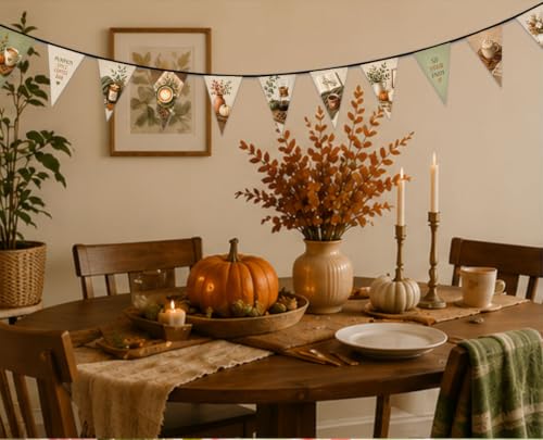 Image of Pumpkin Spice Coffee Bar Fall Banner, 12 Triangle Burlap Look Pennant Garland, Cozy Autumn Coffee Station Decor, Farmhouse Kitchen, Cafe, Thanksgiving Home Decorations, 13 ft